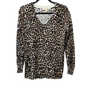 Michael Kors V Neck Animal Print Leopard Knit Long Sleeve Top